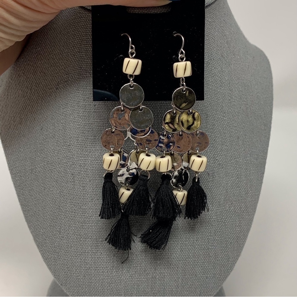 Silver Toned Gypsy Boho Black Tassel Earrings